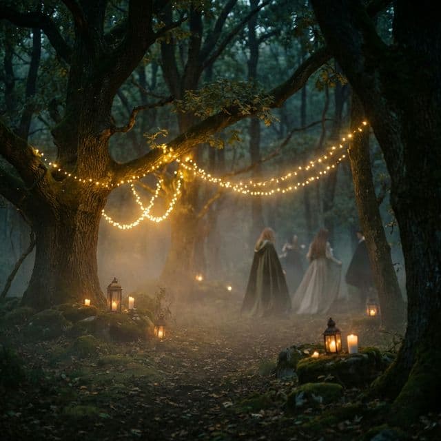 Forêt enchantée illuminée de guirlandes dorées